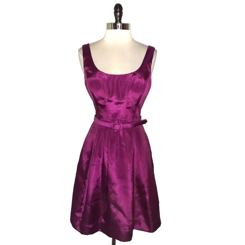 ELIZA J Size 12 A-Line Dress Purple Sleeveless Pockets Shiny Belt